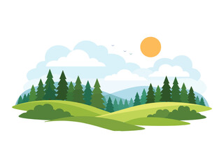 Mountain Landscape with River and Pine Forest Flat Vector Illustration