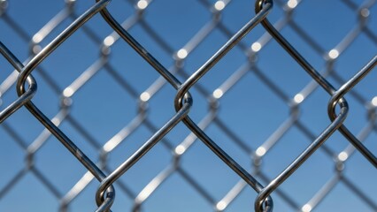 Fototapeta premium Metal Chain Link Fence Against Blue Sky.