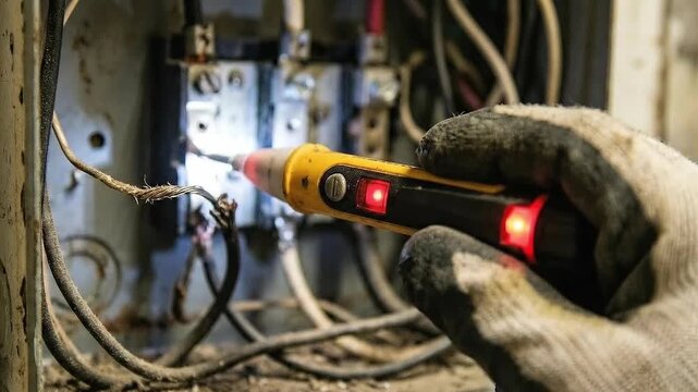 maintenance technical machinery optimization concept. Electrician testing wires with a voltage tester in a circuit panel.
