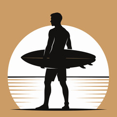 Silhouette of a surfer holding a surfboard at sunset.