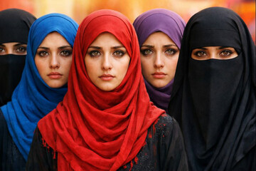 Muslim women with veils. Emphasis on the eyes, filled with sadness, grief, and pain. Female independence, feminism, freedom, equality, rights.