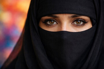 An Iranian Muslim woman in an abaya. Her eyes reflect sadness and bitterness. Female independence, feminism.