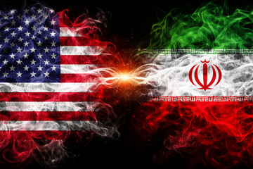 Political and diplomatic relations between Iran and the United States. The American and Iranian flags on a black background, with fire and smoke between them.
