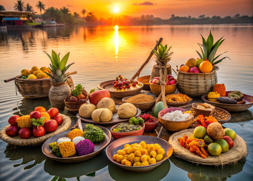 Chhath Puja offering food arrangement, fruits, thekua sweets