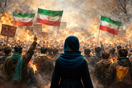 A woman at a street protest in Iran. The struggle for independence, feminism, and protest. Street unrest.