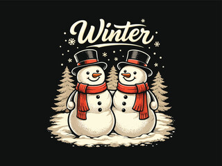 Cute Snowman Couple Winter Illustration with Christmas Forest Background