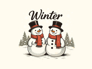 Cute Snowman Couple Winter Illustration with Christmas Forest Background