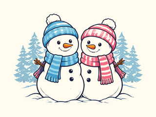 Cute Snowman Couple Winter Illustration with Christmas Forest Background