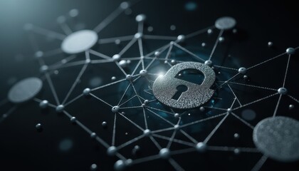Adaptive security infrastructure concept. A digital representation of a padlock surrounded by interconnected nodes, symbolizing cybersecurity and data protection.