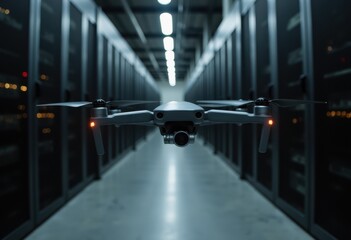 Adaptive security infrastructure concept. A drone hovers in a dark corridor lined with server racks, showcasing a blend of technology and modern infrastructure.