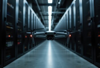 Adaptive security infrastructure concept. A sleek drone hovers in a modern server room, illuminated by overhead lights, surrounded by rows of high-tech equipment.