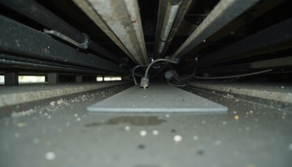 Adaptive security infrastructure concept. A close-up view of a dusty floor beneath machinery, revealing wires and surfaces, highlighting an industrial setting and maintenance needs.