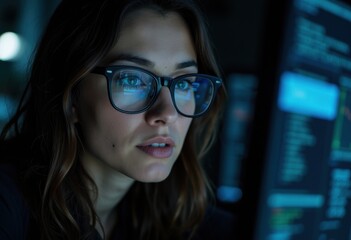 Adaptive security infrastructure concept. A focused individual wearing glasses stares intently at a computer screen, highlighting themes of technology and concentration.