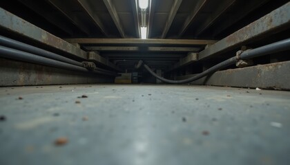 Adaptive security infrastructure concept. A low-angle view of a dimly lit space under a structure, revealing exposed beams and electrical wires against a concrete floor.