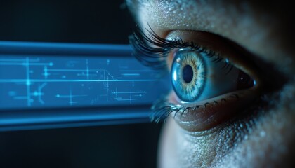 Adaptive security infrastructure concept. A close-up view of an eye with a digital interface overlay, symbolizing technology and vision.
