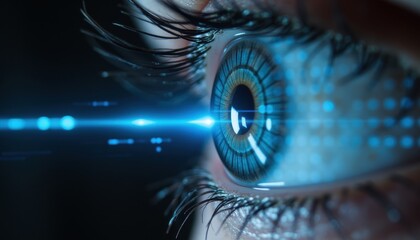 Adaptive security infrastructure concept. A close-up of a human eye, featuring a vivid iris and a beam of light, suggesting themes of technology and vision enhancement.