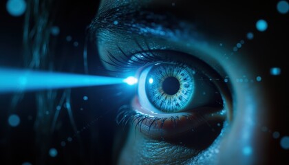 Adaptive security infrastructure concept. A close-up of a human eye with a blue laser beam and light effects, conveying themes of vision, technology, and perception.