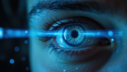 Adaptive security infrastructure concept. A close-up of a human eye featuring vibrant blue hues and a futuristic glow, symbolizing vision and technology.
