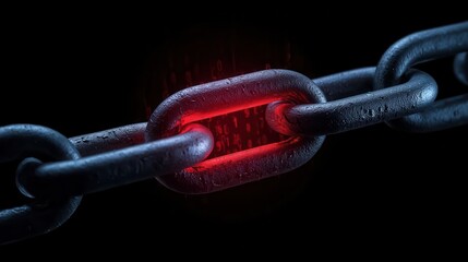 Adaptive security infrastructure concept. A close-up of a metallic chain link with a glowing red center, set against a dark background, suggesting themes of strength and connectivity.