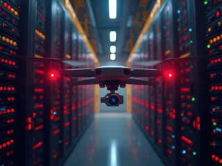 Adaptive security infrastructure concept. A high-tech drone hovers between rows of server racks, illuminated by colorful lights, showcasing a blend of technology and data storage.