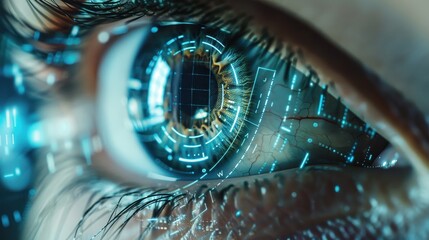 Adaptive security infrastructure concept. A futuristic close-up of an eye featuring digital overlays, suggesting a blend of technology and human vision.