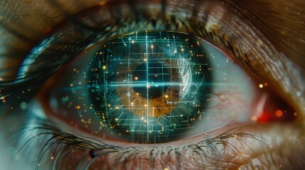 Adaptive security infrastructure concept. A close-up of an eye with digital elements and patterns, representing the fusion of human perception and technology.