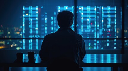 Adaptive security infrastructure concept. A person sits at a desk, gazing out at a vibrant city skyline illuminated by blue lights, suggesting contemplation or inspiration.