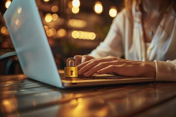 Adaptive security infrastructure concept. A person typing on a laptop with a padlock nearby, symbolizing cybersecurity and online privacy.