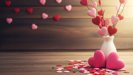 Valentine's day decor with pink and red hearts in a vase