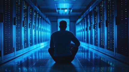 Adaptive security infrastructure concept. A silhouette of a person meditating in a server room illuminated by blue lights, representing technology and serenity.