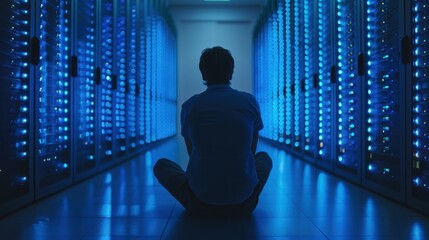 Adaptive security infrastructure concept. A person sits in a server room, surrounded by glowing blue lights from rows of servers, suggesting a tech-focused atmosphere.