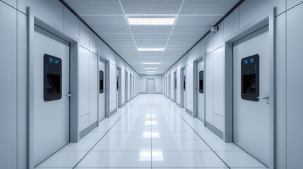 Adaptive security infrastructure concept. A sleek, modern corridor lined with doors, featuring clean lines and a high-tech aesthetic, creating an atmosphere of sophistication and order.