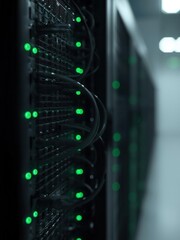 Adaptive security infrastructure concept. A close-up view of a server rack showcasing illuminated green lights, suggesting active data processing in a modern data center environment.
