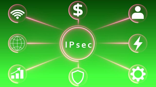 Central I Psec Concept with Connected Business and Technology Icons on Green Gradient Background Keywords: I Psec, Internet Protocol Security, business, technology, network, connection, icons