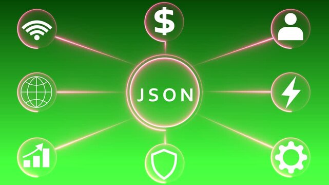 Central JSON Concept with Connected Business and Technology Icons on Green Gradient Background Keywords: JSON, Java Script Object Notation, business, technology, network, connection, icons
