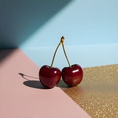 Two ripe cherries sit on a pink and gold surface against a blue background with a dramatic shadow cast.