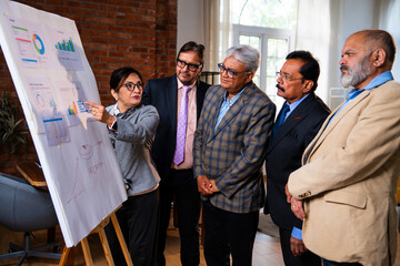 Senior Indian executives analyzing growth presentation on board in modern office