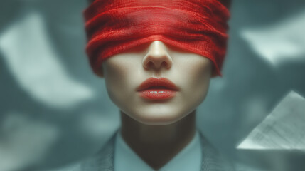 Surreal portrait of woman with red blindfold, symbol of control, secrecy, censorship, silence, identity, power, manipulation, uncertainty
