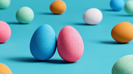 Isometric 3D illustration of colorful easter eggs in soft neon hues, featuring blue, pink, and turquoise shades, creating a vibrant festive atmosphere with copy space for design elements