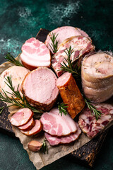 Different meat, sausages, ham and smoked pork