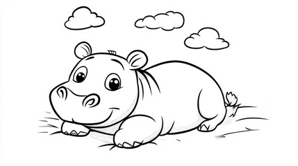 Cute hippopotamus coloring page, peaceful scene, simple design, for kids