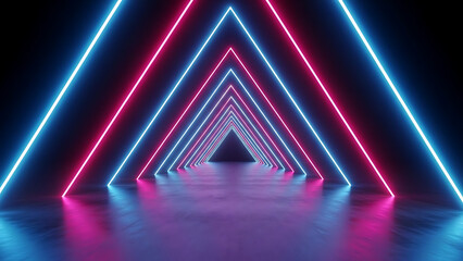 A futuristic neon-lit triangular tunnel with vibrant blue and pink hues viewed from the entrance