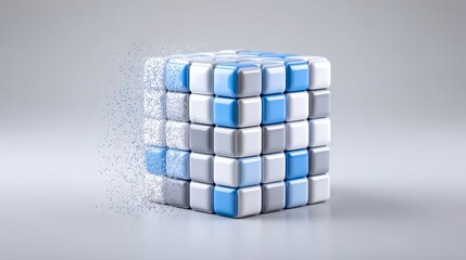 Modern 3D cube illustration representing data science, featuring visualized data columns with parts disappearing, isolated on a soft gradient background, showcasing blue and white tones with copy spac