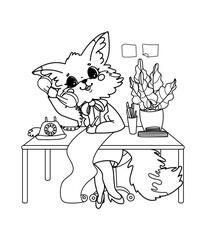 Vector illustration children's coloring book about professions. Linear fox secretary