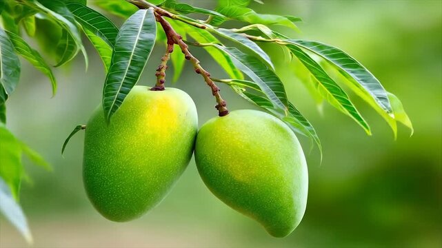 Green mango fruits hanging from tree branch with lush leaves