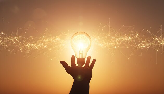 A hand holding a glowing lightbulb with a network of connections in the background against a warm orange gradient - Powered by Adobe