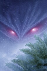 a closeup of the red glowing eyes of a horror figure, cosmic background