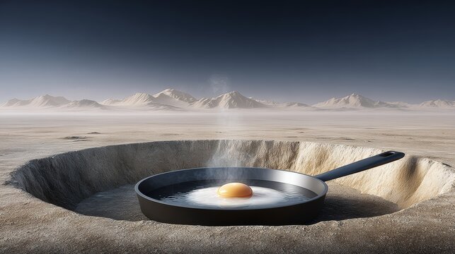 Giant photo realistic frying pan cooking an egg in a lava-filled crater, surrounded by vast desert landscapes and distant sand dunes, showcasing an extraordinary culinary scene