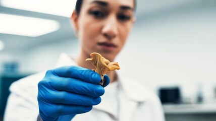 A scientist in a lab examines a mushroom specimen, wearing gloves and focused on the intricate details of the fungi.