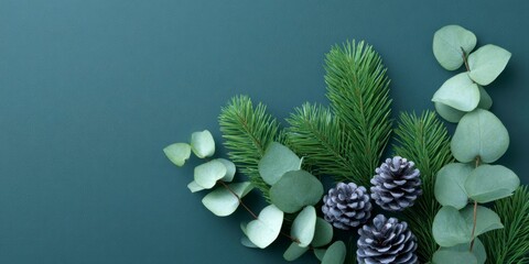 dark green background with pine branches, eucalyptus leaves, and cones. christmas tree decoration.